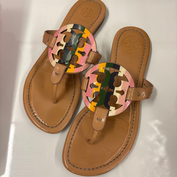 Tory Burch Sandals Pastel Rainbow Printed Patented Leather Miller Sandals Size 5 - Picture 4 of 6